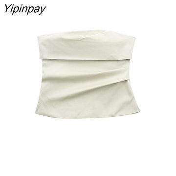 Yipinpay 2023 Fashion Women Solid Folds Skirts Sets Spring Summer Causal Strapless Tops Back Slip Zipper Mid-Calf Skirts Suits